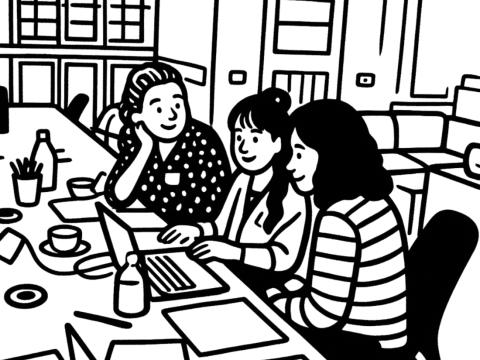 An illustration showing three women working around a desk